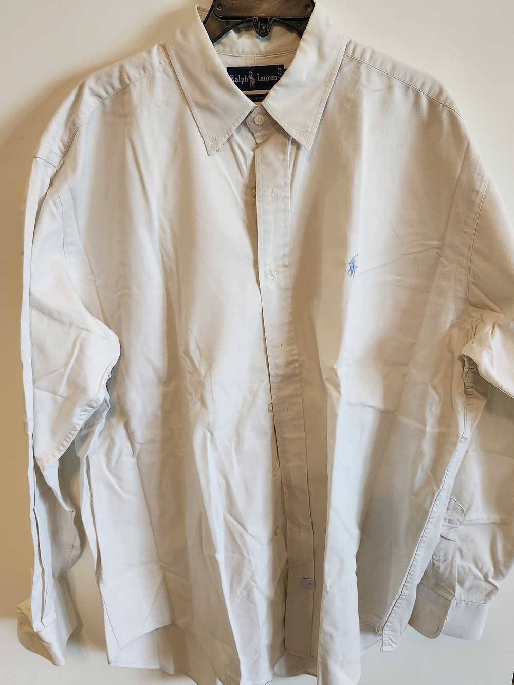 Ralph Lauren Men’s Cream Button-Down Dress Shirt with Light Blue Polo Logo Large